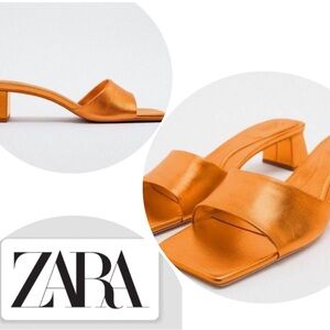 Zara Orange Metallic Chunky Heel Sandals